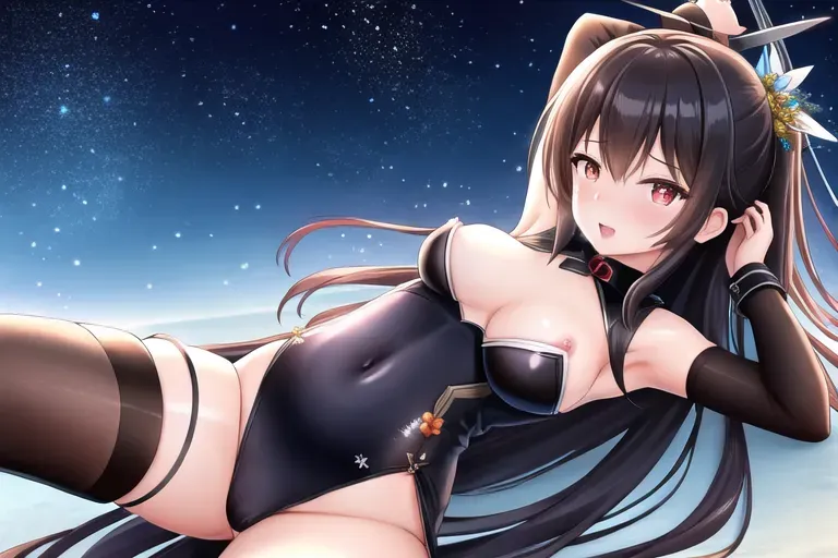 high definition, high quality, 8k resolution, photo quality, hu tao, dpmg_pov_missionary_v1, mountain background, natural perky breasts, five fingers per hand, beautiful face, beautiful lips, red eyes, yellow flower pupils, curved eyebrows, peaceful, wearing a black slave collar, showing her whole body, smooth, cgsociety, pixiv, bokeh, highly detailed, loli