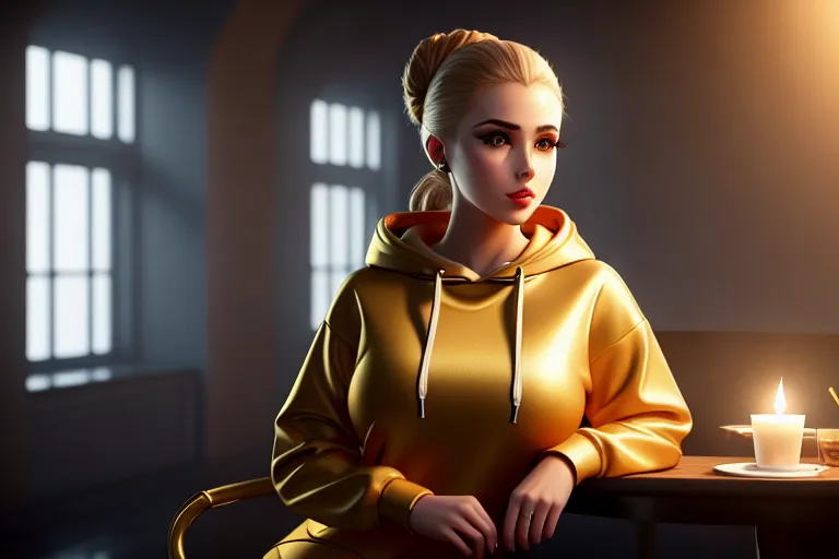 a digital art of,an ukrainian girl,wearing hoodie,sitting in a chair,at the party,big breasts,five slender fingers,updo hair,gorgeous face,beautiful lips,curved eyebrows,curved eyelid,pale skin,erotic,wearing golden ring,artstation,cinematic lighting,pixiv,professional,8k