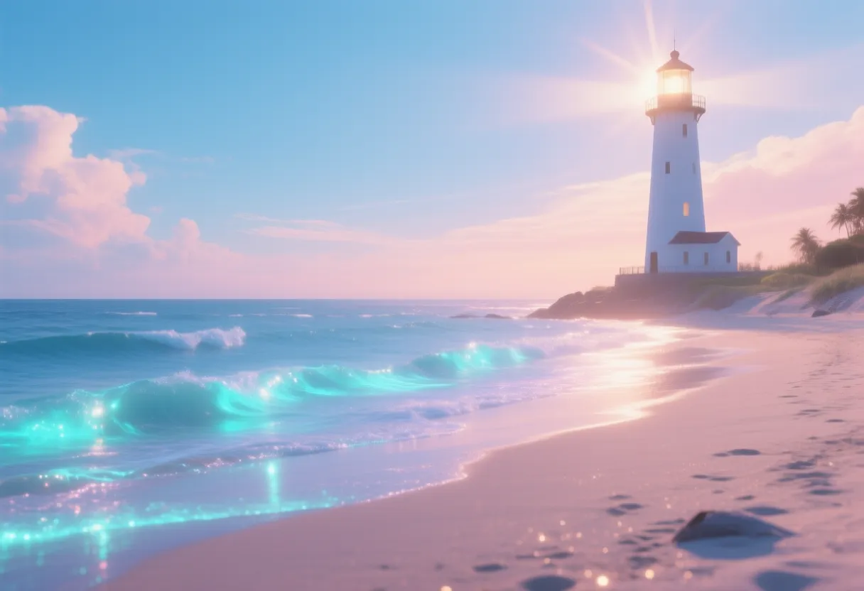 A Summer Solstice Luminescent Shoreline featuring a lighthouse, where the longest day casts magical light on a beach scene. Employ shimmering sapphire and peach to create a sun-drenched, ethereal atmosphere with glowing sand and bioluminescent waves