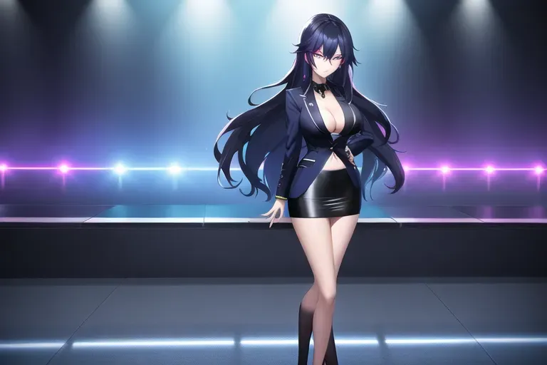 Digital art, 18 year old, an anime girl, young, slim, medium breasts, full body shot, navy blazer, black skirt, long hair, night club, night, neon lights, serious, 8k, professional