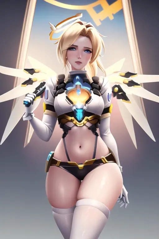 Mercy from overwatch, detailed female anatomy, masterpiece, best quality, short golden hair, (opposite colors), full body photo, detailed blue eyes, halo above head, hourglass body, midriff, sexy white two piece lingerie