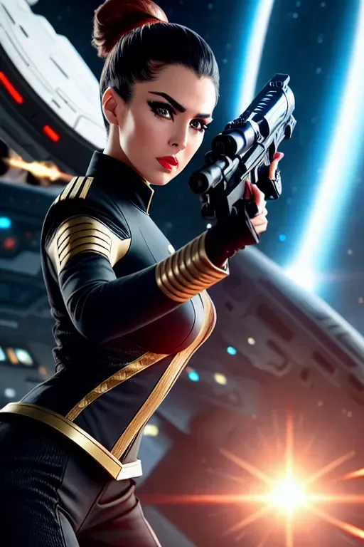 a photograph of, a female Star fleet officer, shooting a futuristic gun, fighting in a futuristic city, a star ship fighting behind, five slender fingers, beautiful lips, curved eyebrows, curved eyelid, beautiful eyes, professional, ultra realistic,