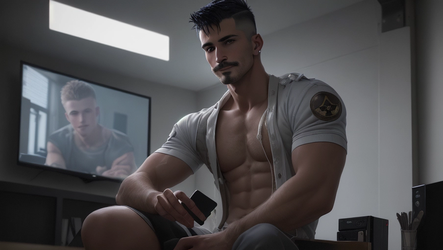 ((2 men)), 8k, top quality, high res, masterpiece, ((photorealistic)) a handsome thin but lean dirty-blond man in an apartment is looking at his tv. On the tv screen is a dark haired inmate with a very short modern haircut in prison . The image is of a handsome thirty something male with dirty blond hair and blue eyes sitting cross legged on a navy colored sectional dressed in the latest louis Vuitton collection. He is watching an inmate on his big screen TV from a chic downtown apartment. The dark-haired inmate on the TV is currently in jail and holding a phone up to his ear while he looks into a tiny screen on the wall. The handsome dark haired inmate on the tv has dark hair and dark eyes. He is 30 years old with short almost buzzed haircut. The highly detailed inmate on the tv with dark hair is dressed in prison clothing. Both are smiling and happy. perfect blond man with chiseled jawline and mustache is in apartment is watching tv. dark haired inmate is on the tv screen. the two men are in different places.