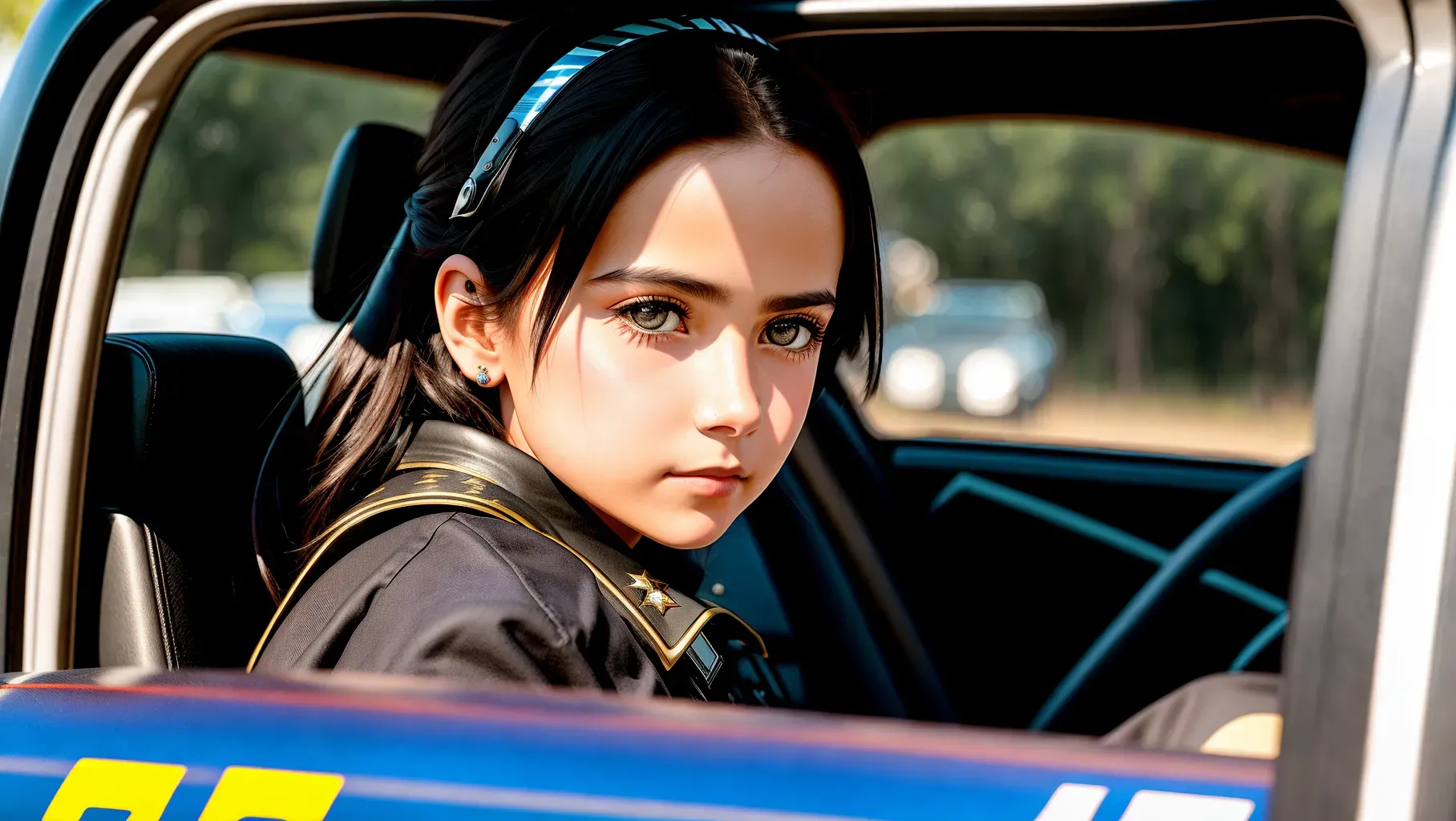 Dopamine Girl Sheriff Girl Sitting With His Back Against A Police Car With A Detailed Scared 