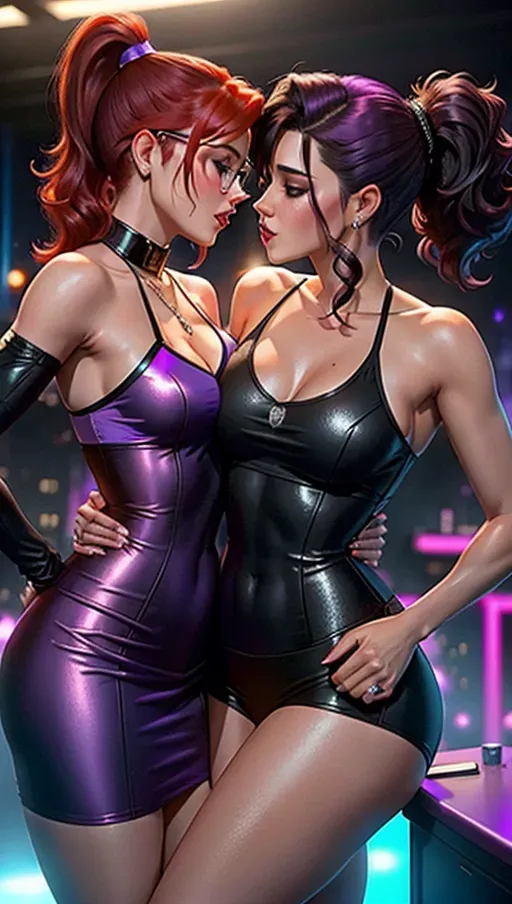 photo of Barbara Gordon kissing Selena Kyle, at club, lesbian, sexy, barbara gordon is wearing a thin purple top and tiny black gym shorts, selena kyle is wearing a tight black dress made of silk, selena kyle has short black messy hair, Barbara gordon has red hair in a ponytail