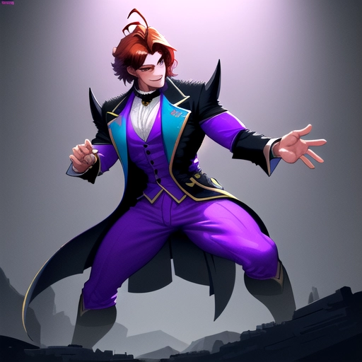 (masterpiece:1.2), (best quality), (ultra detailed), (8k, 4k, intricate),(full-body-shot:1), (highly detailed:1.2),(detailed face:1.2), (detailed background),detailed landscape, (dynamic pose:1.2), <lora:pixel_art:0.7>((pixelart)),solo male, hunter, purple collar spiked around neck, heterochromia, wolf animal eyes,dress school shirt, auburn antenna spikey hair disney prince messy medium antenna length light, male guardian of the earth , teen wolf, fluffy purple jacket, bloody, psycho look in eyes, grinning, smiling , blood , different color right eye, high school clothing, auburn hair, bright eyes , heterochromia ,athletic build strong and fit bodytype in prime , leader of the team headstrong looking, no facial hair, background paint spots creative ,masterpiece, digital art masterpiece