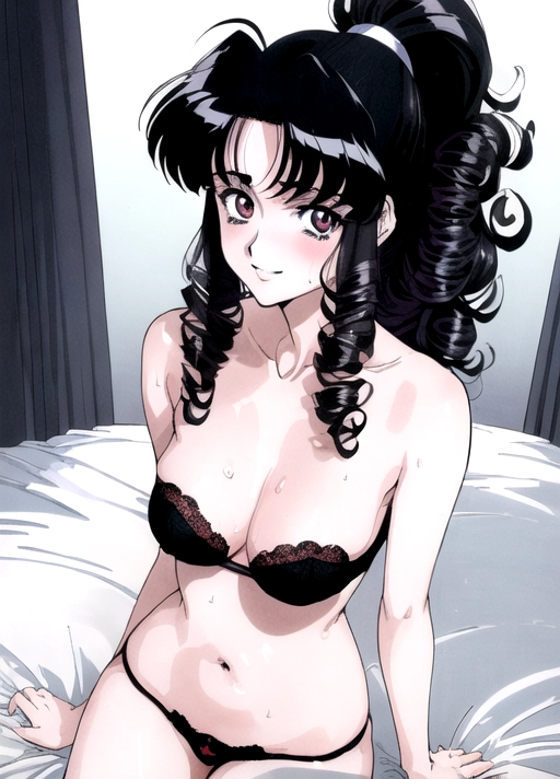 (((90s anime art style))), (masterpiece), absurd res, smooth, soft lines, soft edges, perfect edges, (soft lighting), perfect anatomy, ((detailed sci fi bedroom background)), hair with great details, perfect eyes, perfect face, (looking at viewer),
lip gloss, smiling, ((flushed cheeks)), erotic, sensual,
((curly black hair)), pubic hair, ponytail, thick thighs, wide hips, ((pale skin color)), tall slim build, small breasts, ((wearing black featureless bra and panties ), sweat,
