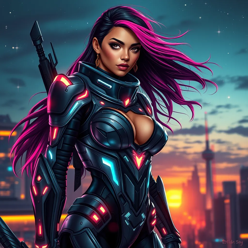 Create a breathtakingly beautiful female sci-fi warrior, standing confidently on a futuristic cityscape at sunset. She has striking features, piercing eyes, and long, flowing hair with vibrant highlights. Her sleek, form-fitting armor glows with neon accents, blending strength and elegance. The scene is cinematic, with dramatic lighting, a starry sky, and a sense of epic adventure. The mood is bold, empowering, and visually captivating, with intricate details in her armor and a dynamic pose that exudes charisma
Big boobs, cleavage,