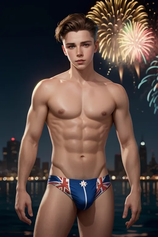 Beautiful boy, young Brooklyn Beckham, Union Jack speedos, at night, fireworks in the background, character portrait, 3 9 9 0 s, intricate, elegant, highly detailed, digital painting, artstation, concept art, smooth, sharp focus, illustration, art by wlop, charlie bowater and alexandra fomina