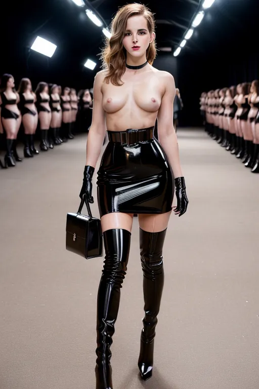 best quality, 8k ultra high res, cinematic lighting, nsfw, smooth, soft lines, soft edges, perfect edges, perfect anatomy, emma watson, walking at fashion show, sensual face, beautiful flowing hair, (((correct anatomy))), ((fit athletic muscular girl body)), ((perky chest)), (detailed beautiful face), beautiful makeup, deep red lipstick, five fingers, detailed skin, ((completely nude)), ((very oily)), thigh high black stockings, black latex high heels, black latex corset, black latex gloves, black choker necklace, ((nude)), high fashion, extremely explicit, exhibitionist, public indecency, crowd, ((showing pussy)), <lora:dpmg_add_detail:0.5>