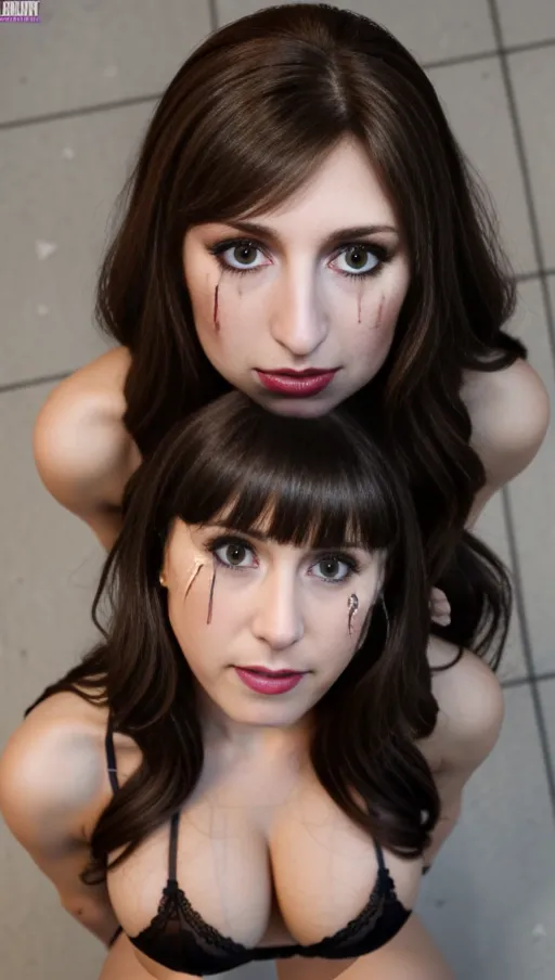 A beautiful 20yo kneeling seiza in front of me and looking up to me begging for my dick, she has long straight brown bangs hair, a lot of make-up is running down with tears over her cheecks, she has a perfect body, ((closeup on her face)), (((show her from above))), (naked tits), black lingerie, (dpmg_runny_makeup_v1:0.9), <lora:dpmg_crazy_expression:1>, <lora:dpmg_ahegao:0.2>