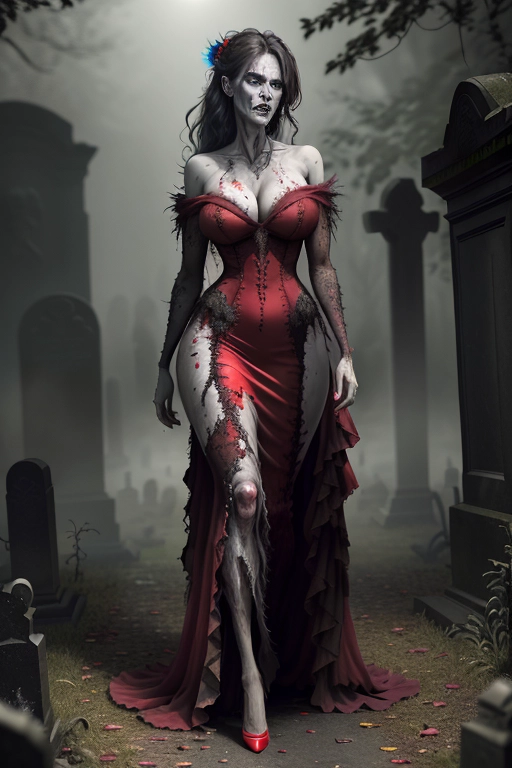 Decaying zombie,walking through graveyard,full body,ripped red ball gown,big breasts,cleveage, hairy pussy, colorful lighting, perfect body, realistic detail, professional, realistic, photorealistic, highly detailed, detailed, Ray tracing, realistic skin texture, artistic photo, colorful, soft contrasting colors, looking at camera, artistic photo, mist, whole body in frame, ((extremely detailed)), masterpiece, photorealistic, (((best quality))), perfect contrast, ((ultrasharp)), (((extremely detailed portrait))), natural colors, natural lighting, ((sharpened picture)), vivid contrast,full body