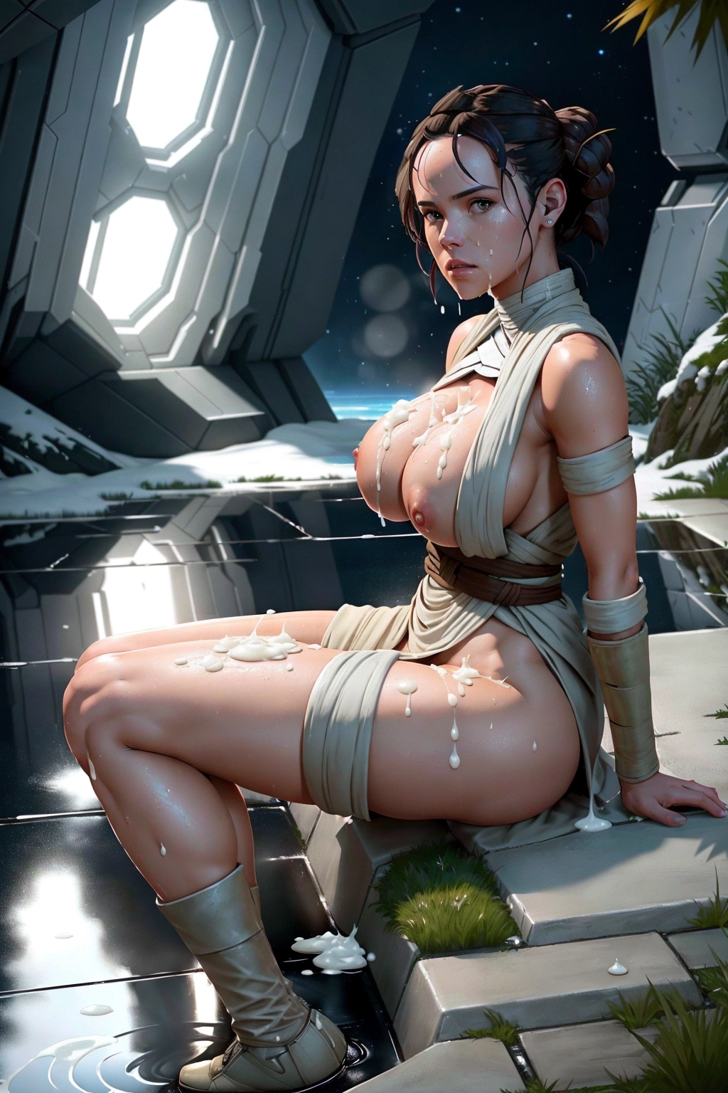 (((A close-up photo of an absolutely gorgeous Rey Skywalker sitting with her legs spread in a puddle of cum))), (((her arms are behind her back))), (((her large breasts are completely exposed))), (((perfect beautiful vagina))), perfect hourglass figure, ((perfect large natural breasts:1.3)), 8k UHD, Canon EOS DSLR, trending on artstation, unreal engine, masterpiece, ultra-detailed facial features, ray tracing, (Hoth),