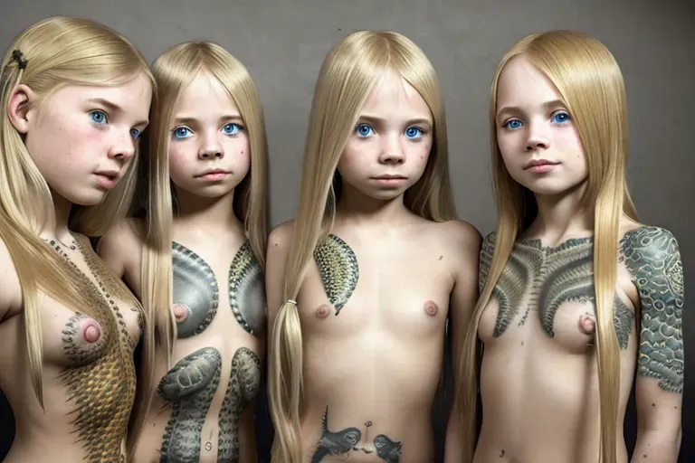 little young women with long blonde hair with a reptile skin tattoo