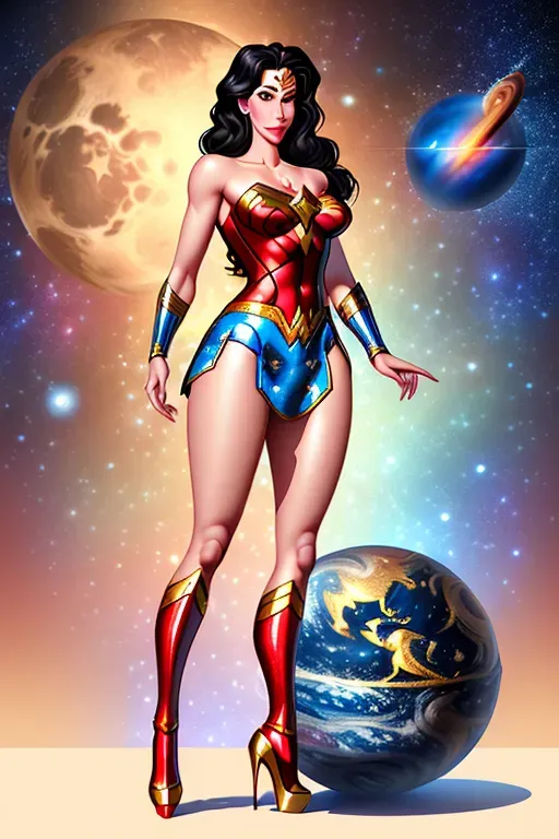Wonder Woman shy and blushing, detailed red, gold, blue mini skirt costume. Stiletto high heels, perfect hourglass body, soft detailed lips, flowing black hair, round blue eyes, stars and planets cosmic background, detailed hands, realistic detail shading, raytracing lighting