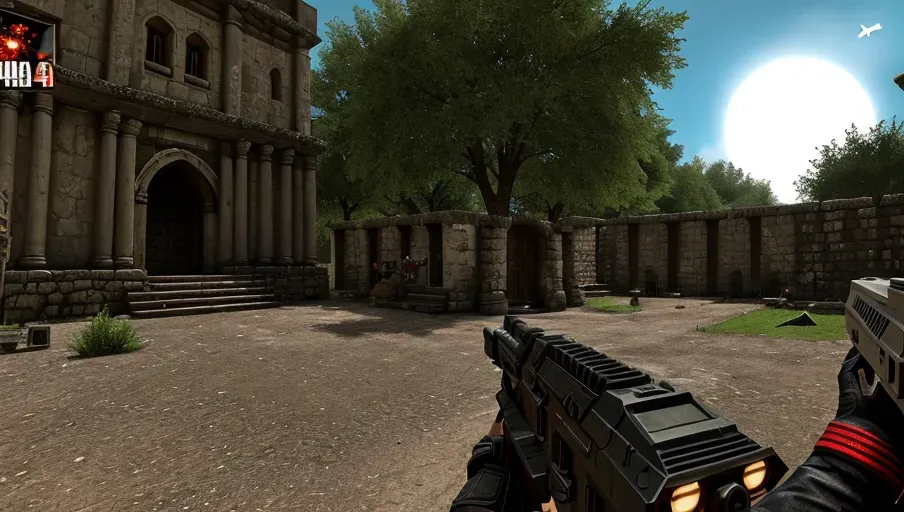 A first person shooter game in the style of Duke Nukem 3D shooting aliens and demons, old graphics from the 1980s Commodore64 and Amiga computers, crypts, graveyards, temples, courtyards, castles, monsters, demons, aliens, undead soldiers, action-packed,warfare, hitlercore:5555.5,