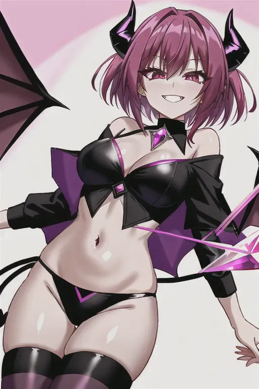 A crystal demon wearing magenta clothing with red eyes, she has short pink hair, she has bat wings and black horns, she is looking at the viewer and giving them a mischievous grin, she has medium breasts, black and magenta striped stalkings, black high heals, she is close to the viewer,