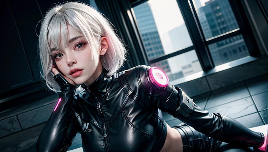 A professional photo of, Lucy from cyberpunk edgderunners, in a hotel roomwith giant windows outside is a futuristic cyberpunk city, night time, astonishing woman, 21 years old, short pure white hair with one pink strand, bob haircut, wearing full techwear outfit, fully clothed, neon lighting, neon lights, neon glow, purple lights, masterwork, best quality, volumetric lighting, depth of field Imperfect skin, Feminine, Real looking face, highly detailed face,photorealistic, hyperrealistic, low light,covered breasts, (best quality),(Small breasts), (thin cut body), <lora:dpmg_add_detail:0.5>, beautiful,(high resolution), (((masterpiece))), (uhd), (8k)