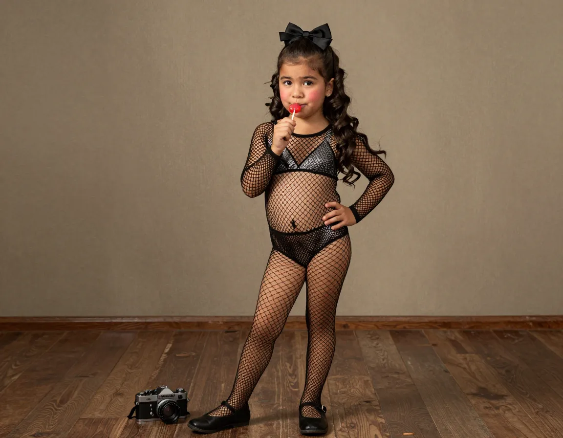 "One prepubescent girl, Latina, long raven hair in pigtail braids, fair skin, round rosy cheeks, button nose, almond-shaped dark eyes, and full, slightly puffy lips. She's 12, with a small, flat chest, narrow waist, and barely formed hips. She has a shy, curious expression on her face.Dressed in a fishnet bodysuit, provocative but age-appropriate, it's black with silver accents, revealing her budding body. She wears fishnet stockings and black Mary Jane shoes. Her hair is adorned with a small, black bow.She stands in a coy position, one hand on her hip, the other holding a lollipop to her mouth. The image is taken with a vintage camera, in an old-fashioned studio setting, with warm lighting and a vintage pin-up style."