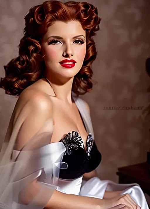 a professional editorial photograph of Sophia Turner as Rita Hayworth, Auburn hair, wearing white strapless dress, head to hips portrait, professional, smooth. ultra realistic. sharp focus, sexy pose. perfect makeup. perfect lips, perfect eyes.