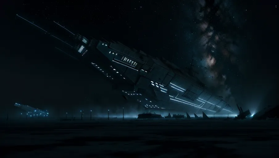 <lora:dpmg_scifi:0.5> long ((space craft)) in the style of warhammer 40k, mixture between a space-ship and a church, ((crashed)) on a snow field. ((No lights)) or power to the ship, debris from the ship is scattered around. Dark atmosphere, gloomy setting. cinematic composition, UHD, HDR, highest quality, highest quality