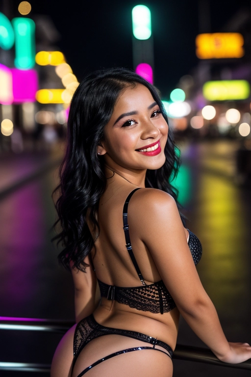 8k, photorealistic at night, bright ray traced lighting, cinematic, ultra realistic face, long black hair, sexy evil over the shoulder look, black shiny lingerie, an illuminated street with neon lights at night, colombian girl, Looking away from the point of view and the camera, it is night, back side , point of view from straight behind, dim light, snide evil smile