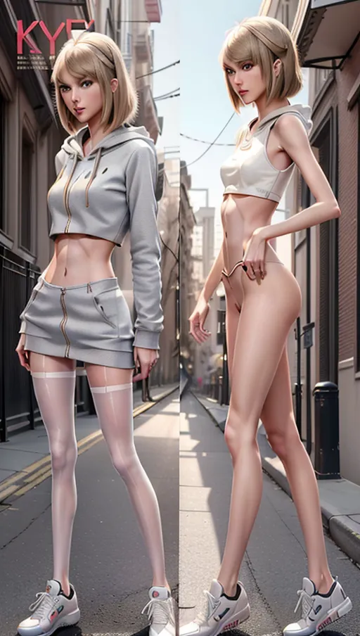 ((full-length realistic photograph from below))<lora:onoff:1> Insanely detailed and intricate
((((front view)))) digital photo of
leggy, anorexic, ((very skinny)) ((flat-chested))((long slender legs))blonde hair with bangs ((year 2014)) (((extremely detailed face
taylor swift))) looking into camera
(((wearing midriff hoody and transparent white pantyhose and sexy sneaker heels)))(pantsu)
(((bottomless)))
on the street digital photo of, anorexic skinny taylor swift,long skinny legs,full body with legs pose,(((petite kinny body and heels sneakers magazine cover))),five fingers per hand,medium hair,charming face,beautiful lips,black eyes,curved eyebrows,curved eyelid,textured skin,joyful,unreal engine,editorial,cinematic lighting,8k,professional