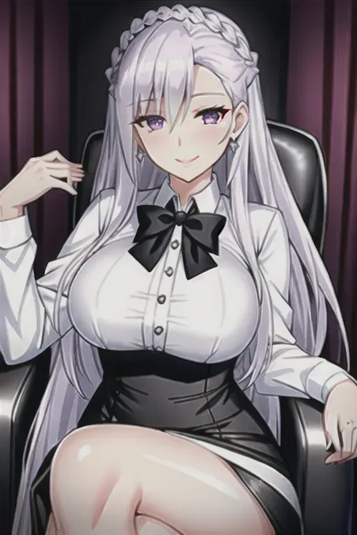 mature woman, gorgeous woman, detail eyes, violet eyes, long white hair, medium breast, beautiful face, graceful, motherly side plait, beautiful eyes, small diamond ring on left ring finger, smiling, white shirt, long black skirt, black bowtie, sitting on luxury chair, great lighting, beautiful background, 4k, mole on face, detail mole, detail body