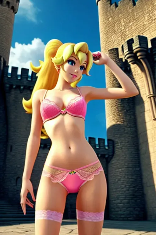 render of princess peach, blonde hair, with flat chest, wearing pink lace panties with no bra, in castle, slender five fingers,