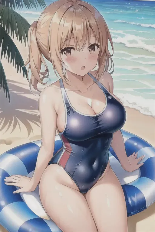 1girl, swimsuit, breasts, bare shoulders, outdoors, beach, sunlight, collarbone, one-piece swimsuit, blush, thighs
