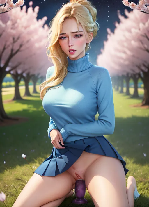 4k, high-res, masterpiece, best quality, night, soft starlight, outside, <lora:dpmg_riding_dildo:1.0>, meadow, no artificial light, wide angle, extreme long shot, detailed background, 1 girl, slim waist, gorgeous figure, long slender legs, hands behind back, long flowing blonde ponytail, large detailed deep blue eyes, shimmering eyes, bright red lips, beautiful lips, light-blue sweater, navy-blue pleated skirt, kneeling in grass, cherry blossoms, shy facial expression, blushing, full body in view, ultra realistic, fucked silly, orgasm face, blushing, sweating