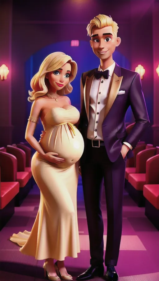 Nightclub interior, a couple age 35, are dressed up for a party, he in a suit, her in a maternity dress, woman is blonde and very pregnant