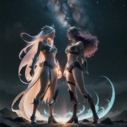 2 girls in "Dynamic poses of only 2 sexy longhaired angry love goddesses:1) with hairy vaginas (Fight by invading each other's auras:1)
(Dynamic poses of two sexy longhaired goddesses face to face in duel screaming at each other:1.3)"
(Erotic model Terri) and (erotic model Rachel)
"A monumental aura battle between Hindu Tara and Sumerian Ereshkigal.
The confrontation takes place at the edge of existence where the luminous heavens meet the endless abyss. Vast lotus-shaped galaxies bloom across one half of the sky, while the other is consumed by shadowy kingdoms stretching into eternity. No weapon is raised and no blow is struck—this is a war of divine presence alone.
Tara appears as a radiant manifestation of emerald, sapphire, and silver light. Countless celestial lotuses unfold around her, each petal containing entire worlds. Her aura spreads outward in harmonious waves, transforming darkness into fields of stars and filling the cosmos with transcendent calm.
Across from her stands Ereshkigal, enthroned upon a vast crown of obsidian mountains. Her aura rises like an infinite tide of midnight, threaded with ghostly violet fire and the pale glow of forgotten souls. Entire constellations vanish behind her shadow as the weight of mortality and inevitability radiates from her presence.
Between them, reality becomes the battlefield. Tara's expanding ocean of compassionate light collides with Ereshkigal's inexorable darkness. The impact generates colossal rings of energy that sweep across the heavens, creating spectacular vistas of blooming stars and dissolving voids. Celestial rivers reverse their course, dimensions fold upon themselves, and ancient cosmic spirits gather to witness the clash.
Neither goddess advances. Neither retreats. They stand motionless amid the storm, their expressions calm yet resolute, while the universe struggles to contain the collision of mercy and inevitability.
Epic mythological fantasy, cosmic aura warfare, divine energy duel, celestial and underworld symbolism, painterly realism, ultra-detailed atmosphere, immense scale, dramatic lighting, heavenly war between immortal powers, cinematic masterpiece, no nudity, no eroticism, 8k fantasy concept art.
"