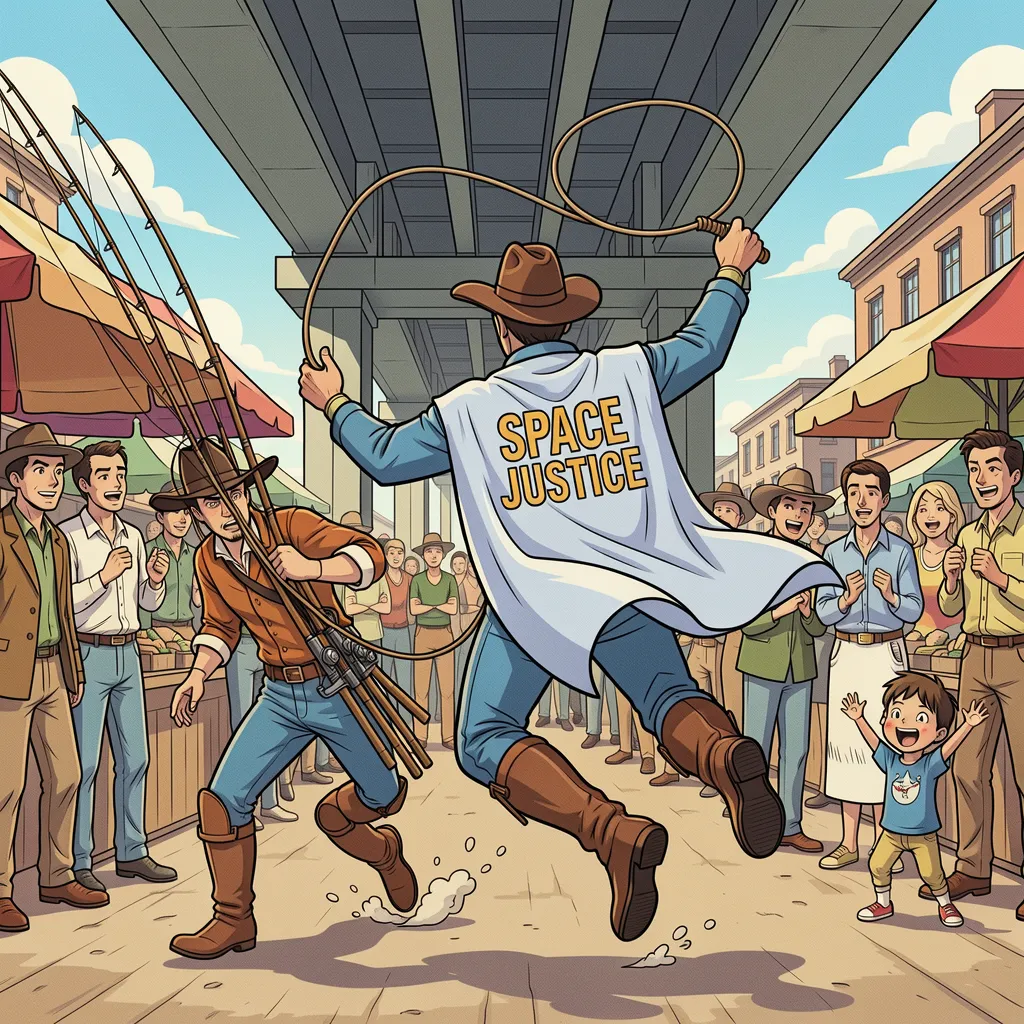 The space cowboy chases the deranged fisherman underneath the causeway, eager to collect on his bounty. Fishing rods and lines hang off the back off the fishermen as he darts between the bustling market crowd. We see the back of the space cowboy in his space poncho emblazoned with the words SPACE JUSTICE, spinning his lasso over his head. A child on the sidelines excitedly cheers the cowboy. 1990s hand drawn anime style with strong fluidity