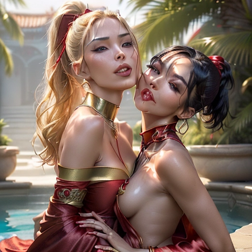 (professional portrait of two stunningly sexy and beautiful human slave women posing next to each other:1.2), (a chinese woman with gray eyes and short black hair and a fairskinned scandivaian woman with clear blue eyes and long blonde hair in ponytail:1.4), (young Julia Nickson and Izabella Scorupco:1.2), athletic body with toned abs, (dressed in a short crimson red silk robe with golden arcane symbols emroidered:1.4), sexy red silk thongs with visible cameltoe, (cleavage:1.1), erect nipples, (slender waist with smooth skin and a slim body with medium sized breasts:1.2), erect nipples, (arched back and exposed armpits:1.2), (golden bracelets and necklaces with precious gems:1.2), (red pouting lips smiling invitingly at the viewer:1.2), (dark red eyeshadow:1.2), dark eyeliner, (high cheekbones with red rogue:1.4),
(portrait with focus on face and shoulders:1.4), setting is outdoors in a luxurious harem garden with pool and marble columns, (the 2 women are sitting together on a cushioned marble bench next to the pool:1.1), (detailed portrait with 2 women:1.4), (passionate caressing and kissing while stradling each other:1.4),
(masterpiece:1.1), (photorealism:1.1), <lora:dpmg_add_detail:0.4>, (NSFW:0.6), front view portrait,
cinematic lightning, artificial lighning, great shadows, best quality, highest quality, highest resolution, 8k, Perfect composition, masterpiece, sharp focus, perfect anatomy, five detailed fingers on hands, two arms, no ribs visible