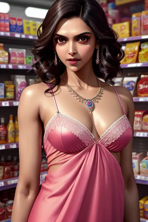 a photo shot of,deepika padukone,wearing nightie,at the convenient store,small breasts,five fingers per hand,undercut hair,charming face,beautiful lips,detailed large eyes,curved eyebrows,curved eyelid,smooth skin,cosy,wearing necklace,highly detailed,sharp focus,artstation,ultra realistic,unreal engine