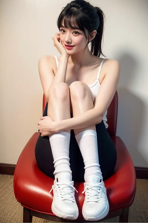 (best quality:2.0), (masterpiece:1.4), high resolution, (photo realistic:1.9), Korean sexy super model, perfect face propotion, nsfw, (thick sports shoes:1.2), navyblue sports wear, knee socks, thick eyebrow, (marble face:1.2), long neck, small lips, large hair band, full bangs, pony tail, ultra large sparkring brown eyes, double eyelids, cheek blush, round cheek, sexy posture, muscular long legs, cleavage, luxury chair, (shiny sweaty ultra pale skin:1.5), big coy smile, beautiful constriction, broad forehead, ultra detailed fabric, detailed skin, dropping eyes, luxury tile poolside,
