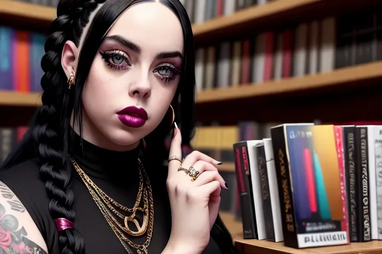 a oil painting of,billie eilish,wearing goth clothes,all-fours,at the bookstore,big breasts,five slender fingers,braids hair,beautiful face,beautiful lips,curved eyebrows,curved eyelid,satisfaction,wearing golden ring,editorial,highly detailed,8k,bokeh,cinematic lighting