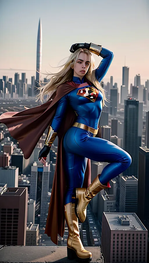 full-body image of billie eilish topless with big round perfect silicone implant breast with medium blond hair and brown eyes and long erect nipples wearing Superman outfit with long spandex pants and gloves and a cape while flying above the city with an S tattooed on her chest, sexy ass, platform boots, topless,