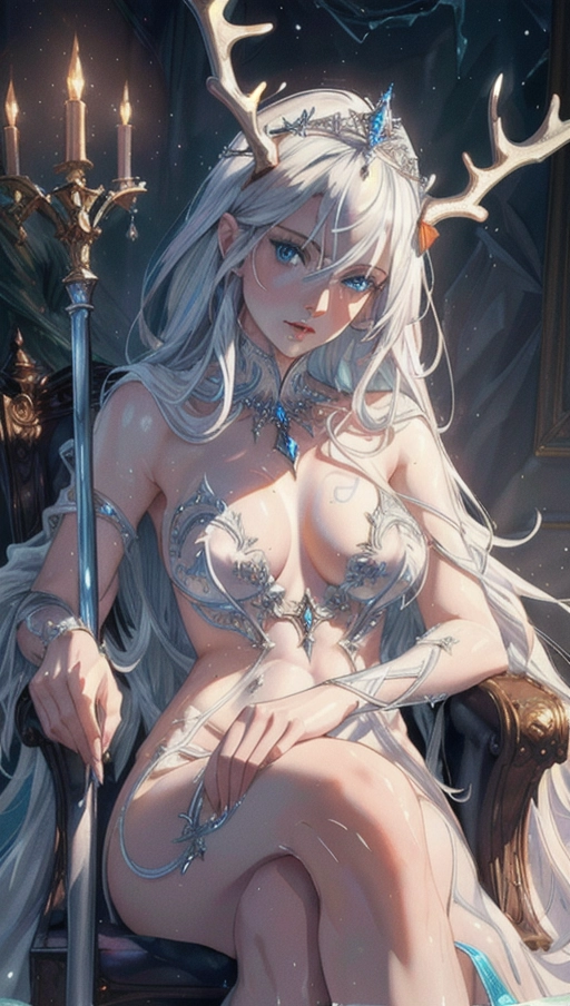 (Best Quality, High res, 8k, HDR, UHD), (1 naked adult woman), (a breathtaking masterpiece of an extreme close up portrait of a naked adult woman sitting in a powerful pose on an ice throne with a regal cane in hand, extremely skimpy and revealing regal outfit and she is barely clothed), (long flowing white hair with antlers, platinum tiara:1.2),
(correct slender human anatomy, functionally nude), ((extremely detailed pale blue eyes looking down at viewer:1.4)), ((extremely detailed face with fierce and cold expression:1.42)), (beautiful detailed full lips:1.24), ((extremely zoomed in detailed view of her high quality and realistic face:1.37)),
(beautiful icy lighting creating a cold atmosphere), (erotic, sexy, sensual pose, ethereal), high contrast, (high quality fingers with nails), ((impossibly skimpy and extremely revealing regal outfit, platinum tiara, regal cane, long flowing white hair with antlers)), perfect boobs,
beautiful colourful lighting, vivid colours, close up cinematic composition of portrait of an adult woman sitting on a icy throne with powerful demeanour, soft focus, sharp and clear image, (candid:1.1), (flat shading stylised art:1.35), <lora:dpmg_add_detail:0.5>, (physically-based ray tracing, photon mapping, photorealistic:1.35), ((high resolution masterpiece, 4K, HDR, UHD:1.45)), (interior of a magnificent icy palace icy decorations, incredibly revealing and sexy regal outfit with cape and fur trending on fashion magazine), trending on artstation