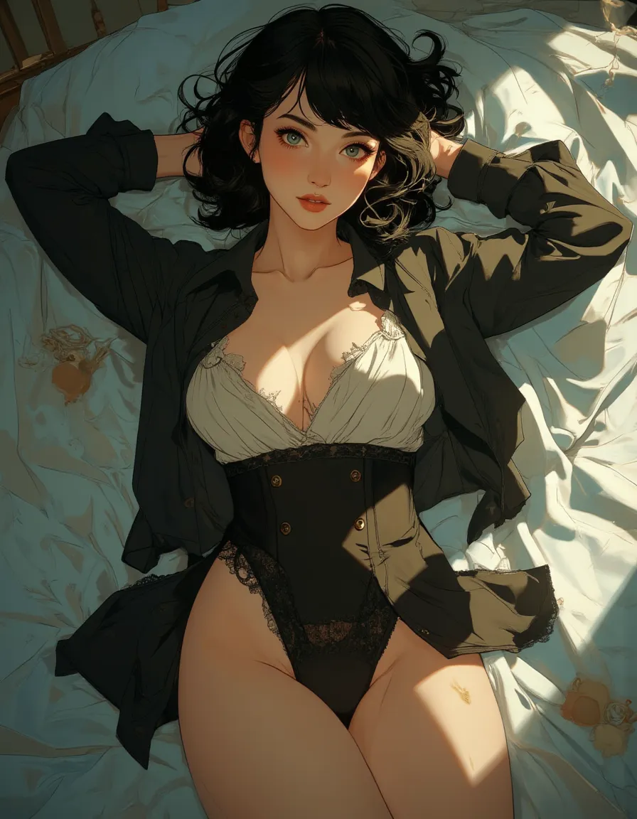 Anime-inspired image of a 21-year-old woman, medium-length black hair, side bangs, captivating blue eyes, toned physique, medium bust in disarrayed maid outfit. Unbuttoned shirt reveals black lace underwear. Arms out, shy gaze towards the viewer. Soft, ambient light, focus on satin sheets, delicate undergarment details, subtle skin texture.