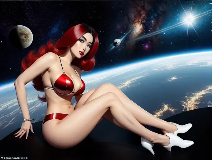 photography of kyrgyz girl, 18 years old, beautiful face, colorful long hair, astronaut, perfect body, big rounded eyes, beautiful red lips, highly detailed face, curved eyebrows, inocent face, correct anatomy, 8k, insanely beautiful, ultrarealistic, small waist, sexy pose, back pose, thong g-string, rounded butt, small lingerie space suite, full body, caring a laser machine gun, sci-fi style, vintage, sexy, inside a futuristic control room, running away, pin up