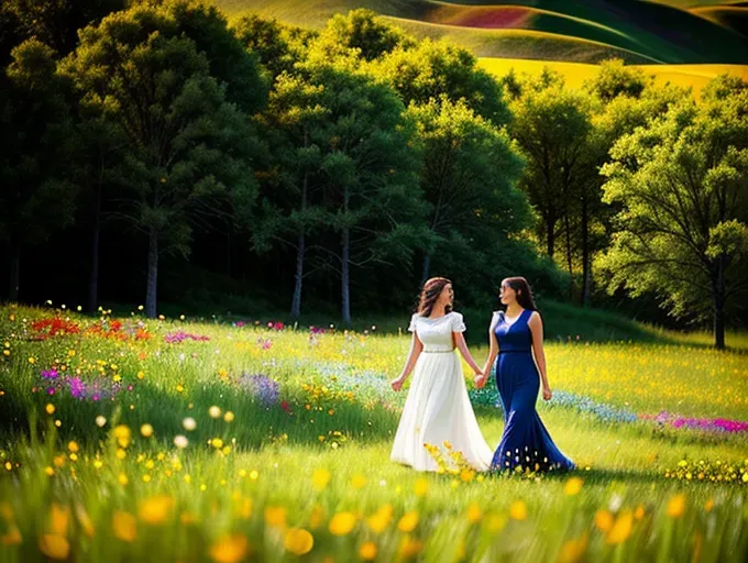 Expressive photograph of two beautiful intimate feminine lesbian lovers Latina women in love, walking and holding hands, in a field of wildflowers, , full body portrait, whole body in picture, off center composition, shot with a Canon EOS, Use photographic techniques: HDR, depth of field and post-processing. Create high-quality light, using natural lighting and reflectors. The result is a realistic, artistic photograph