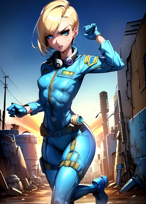 ultrarealistic image, masterwork, super high quality, character from fallout videogame, ((wearing blue vault dweller outfit from fallout videogame)), very detailed eyes, blonde hair half shaven,very detailed hair, very detailed face, ((extremely small waist)), long legs, very skinny body, action pose,((nuclear wasteland in background))
