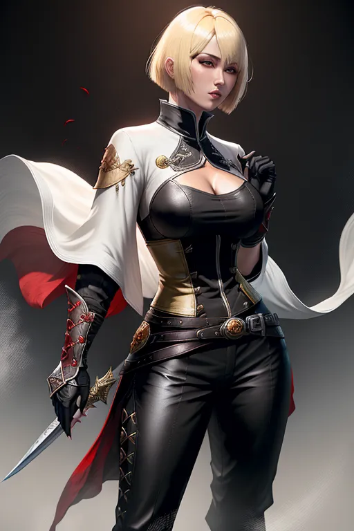 black desert online, fantasy human female martial artist, blonde hair bob cut, black pants with tyings, black trousers with tyings, dark red top, martial artist gloves, beautiful mature face, gray eyes, slightly tanned skin