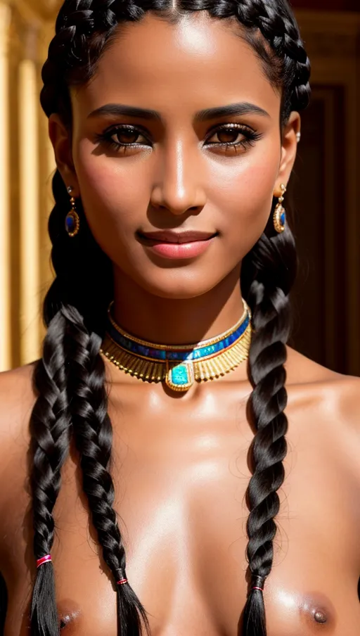 Beautiful egyptian servant, black hair, braided hair, looking at viewer, direct eyecontact, smiling gently, textured skin, inside ancient palace, hyperrealistic, (masterpiece 1.4), best quality, ultra hd photo, sharp focus, detailed facial features, detailed bright eyes, detailed anatomy, photorealistic