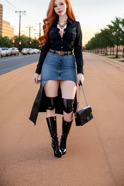 full body, strawberry blonde hair, hazel eyes, short girl, denim miniskirt, black high heel boots, looking at viewer, long hair, pale skin, black necklace, black shirt, 24 years old, giant breasts, cute face, pov, wavy hair, city environment, Oklahoma City, wide eyes, erotic, skirt tug, trench coat