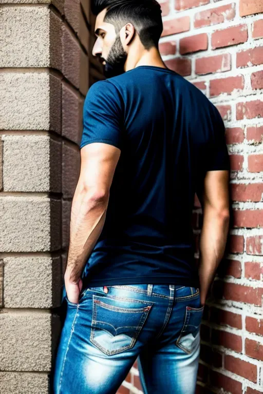 high definition image, best quality resolution, 1 very handsome stylish (thirty-something short-haired Arab) man in a suit bends over a (tall lean tired looking short haired blond Caucasian Scandinavian, jeans and t-shirt, ass and penis exposed pants around his knees) younger rugged Scandinavian man in an alley, penetrates his (sparse hair, pink, leaking) asshole with his thick veiny ((very detailed)) penis against a brick wall