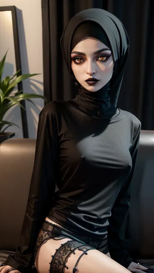 ultrarealistic image, masterwork, very high quality,short cute goth Muslim girlfriend, very short body, skinny body,(wearing long black t-shirt and no pants), dark eyeshadow, black lipstick, bobcat style hair,very detailed eyes, very detailed hair, horny expression,very detailed face, sitting on couch in living room