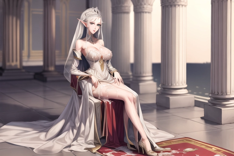 sophisticated elegant very tall elf queen wearing a royal worn dress drenched with cum, sperm <lora:bukkake:1> <lora:dpmg_add_detail:1>, no_white_light